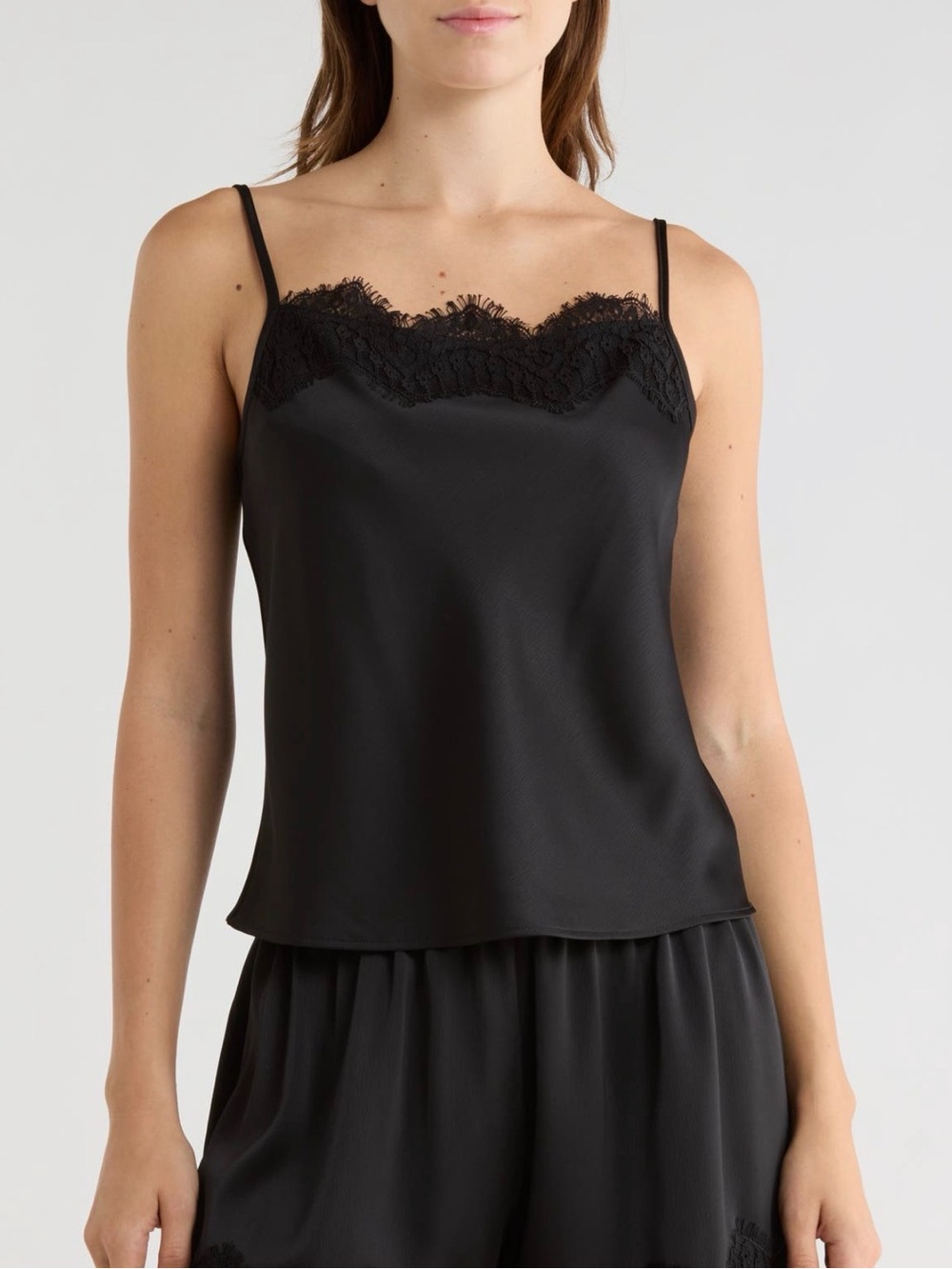 Wayf Black Satin Cami with Lace Trim